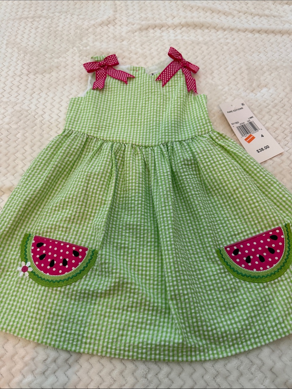 Rare Editions Green Gingham Watermelon Appliqué Dress with Pink Bows